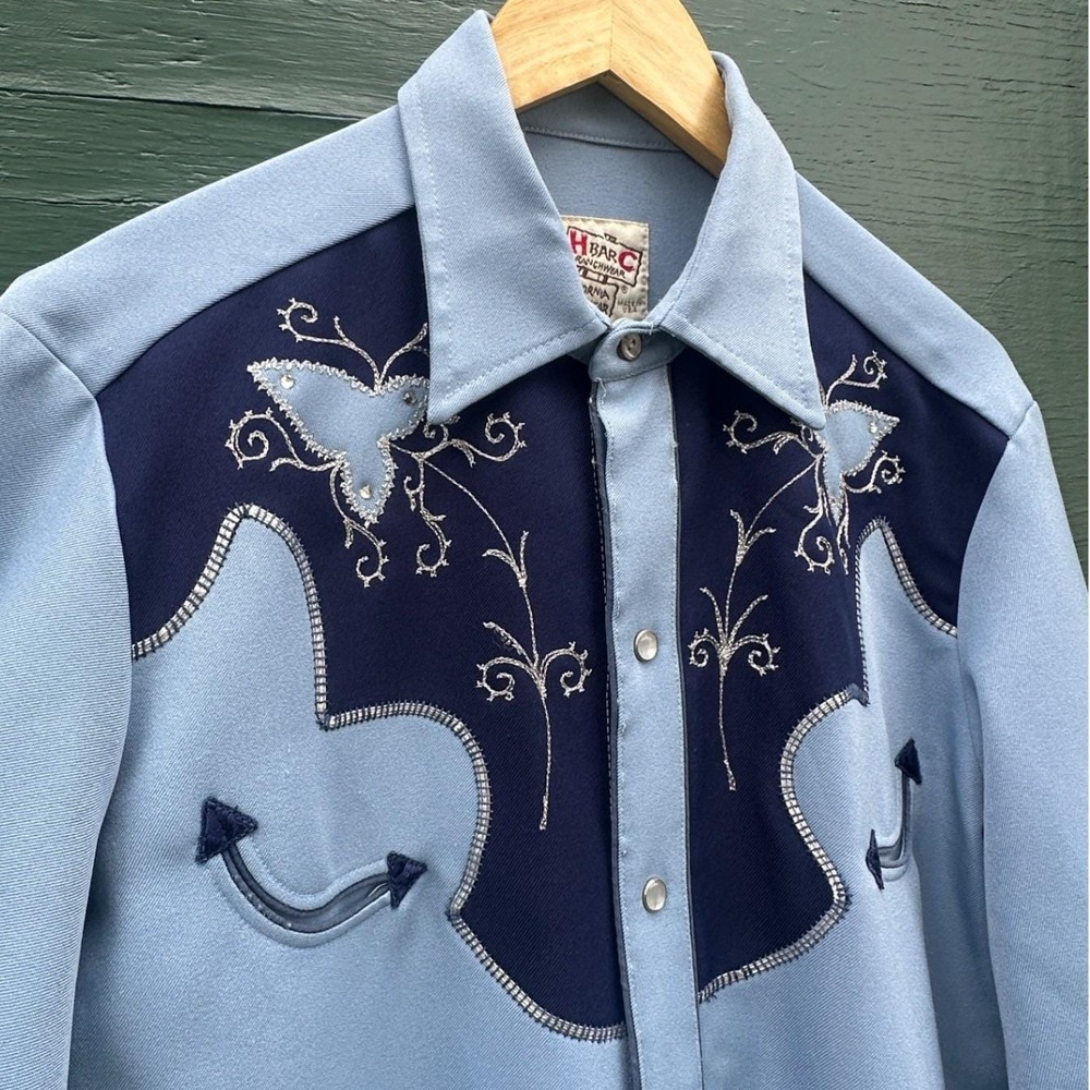 Vintage H Bar C El Dorado Blue Embroidered Western Shirt Rockabilly Glam Mens M